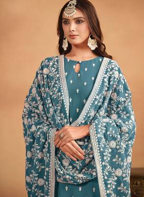 Teal blue georgette embroidery & sequins semi stitched suit size up to 42 2