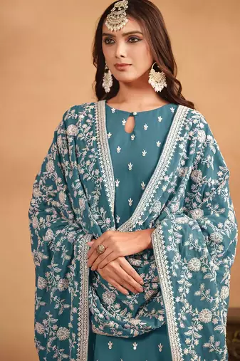 Teal blue georgette embroidery & sequins semi stitched suit size up to 42