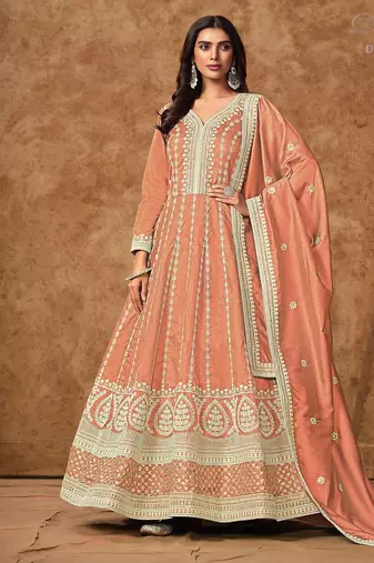 Peach dola silk embroidery & sequins free size stitch suit size up to 42