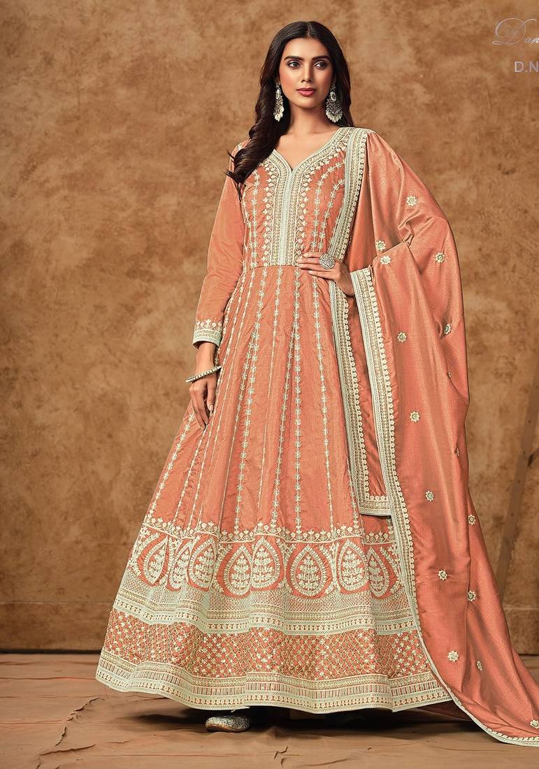 Peach dola silk embroidery & sequins free size stitch suit size up to 42