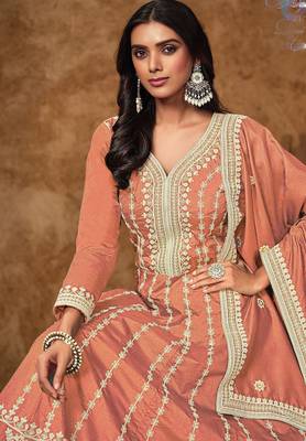 Peach dola silk embroidery & sequins free size stitch suit size up to 42 2