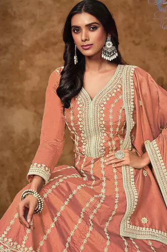 Peach dola silk embroidery & sequins free size stitch suit size up to 42