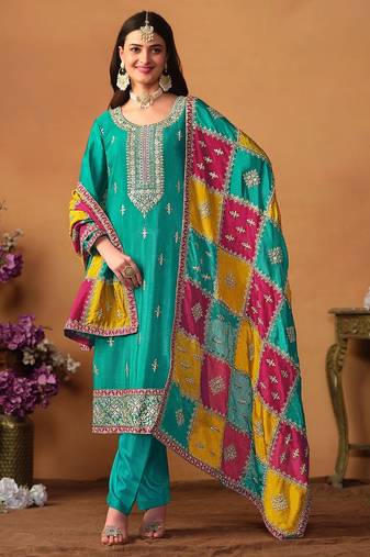 Turquoise chinnon silk embroidery & sequins semi stitched suit size up to 42