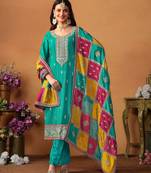 Turquoise chinnon silk embroidery & sequins semi stitched suit size up to 42