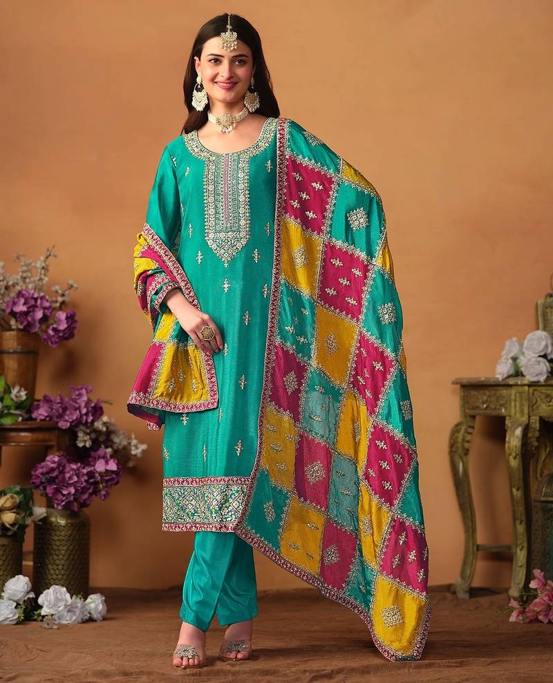 Turquoise chinnon silk embroidery & sequins semi stitched suit size up to 42