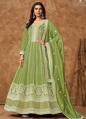 Green dola silk embroidery & sequins free size stitch suit size up to 42 1