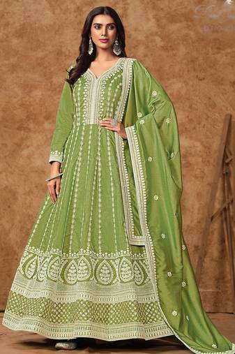 Green dola silk embroidery & sequins free size stitch suit size up to 42