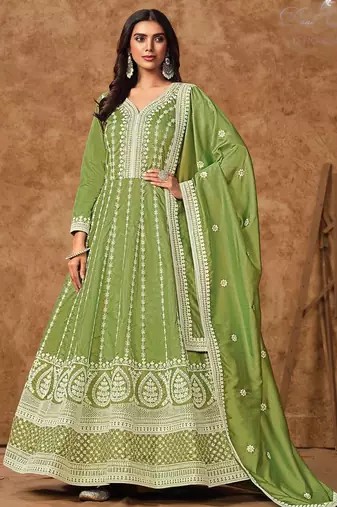 Green dola silk embroidery & sequins free size stitch suit size up to 42