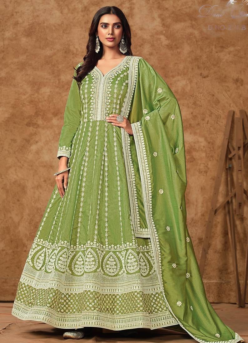 Green dola silk embroidery & sequins free size stitch suit size up to 42