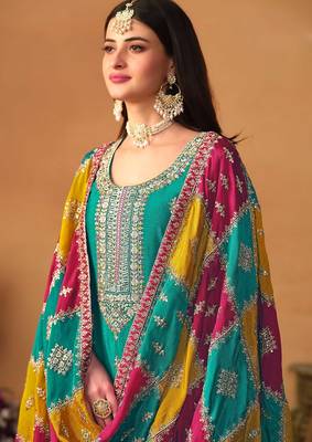 Turquoise chinnon silk embroidery & sequins semi stitched suit size up to 42 2