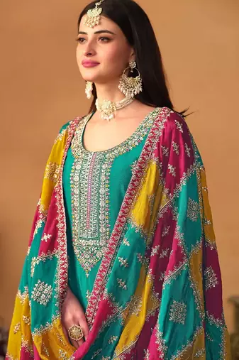 Turquoise chinnon silk embroidery & sequins semi stitched suit size up to 42