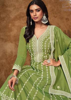 Green dola silk embroidery & sequins free size stitch suit size up to 42 2