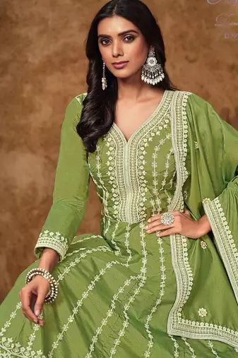 Green dola silk embroidery & sequins free size stitch suit size up to 42
