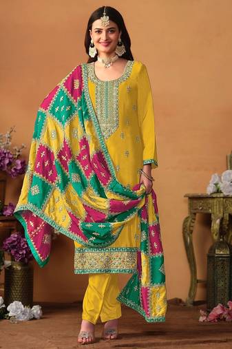 Mustard chinnon silk embroidery & sequins semi stitched suit size up to 42