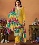 Mustard chinnon silk embroidery & sequins semi stitched suit size up to 42