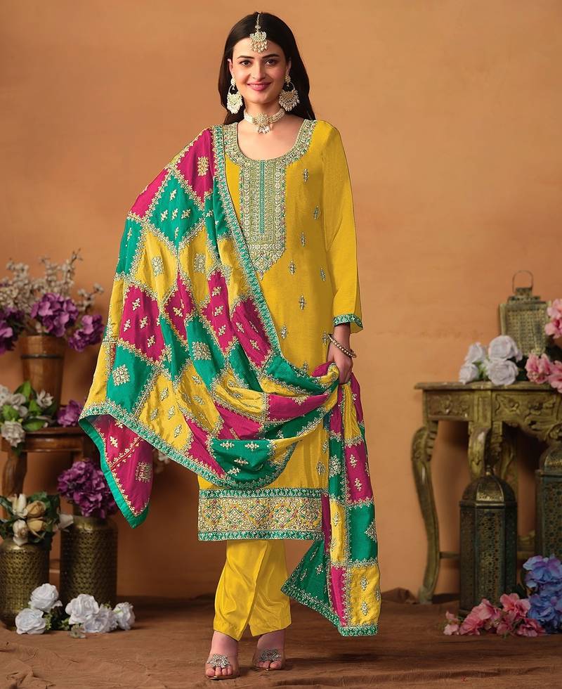 Mustard chinnon silk embroidery & sequins semi stitched suit size up to 42