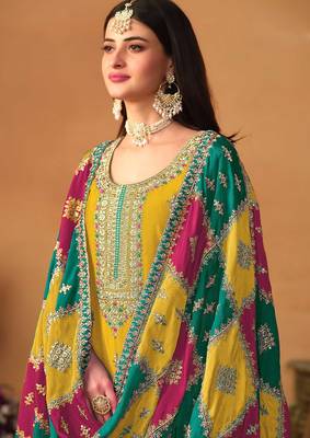 Mustard chinnon silk embroidery & sequins semi stitched suit size up to 42 2