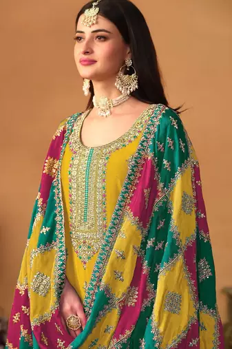 Mustard chinnon silk embroidery & sequins semi stitched suit size up to 42