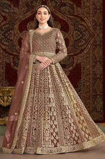 Rose gold net embroidery & sequins semi stitched suit size up to 42