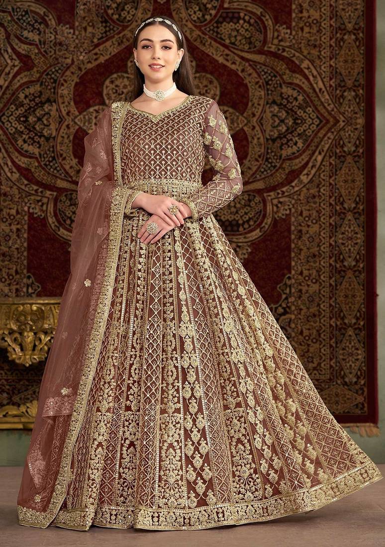 Rose gold net embroidery & sequins semi stitched suit size up to 42