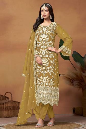 Mustard organza embroidery & sequins semi stitched suit size up to 42