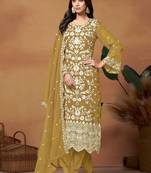 Mustard organza embroidery & sequins semi stitched suit size up to 42