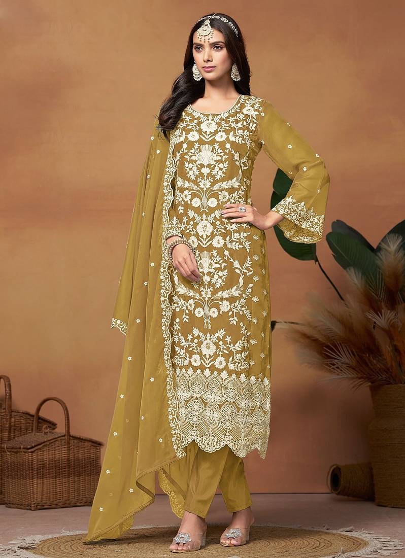 Mustard organza embroidery & sequins semi stitched suit size up to 42