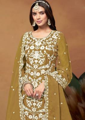 Mustard organza embroidery & sequins semi stitched suit size up to 42 2
