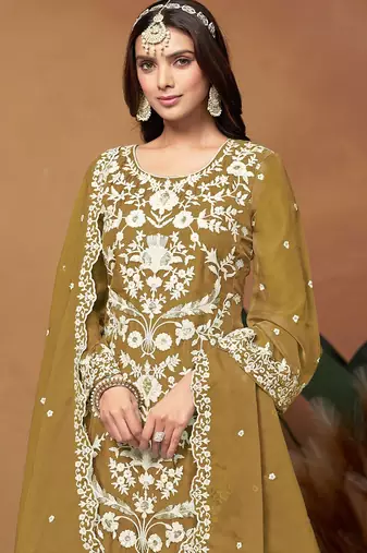 Mustard organza embroidery & sequins semi stitched suit size up to 42