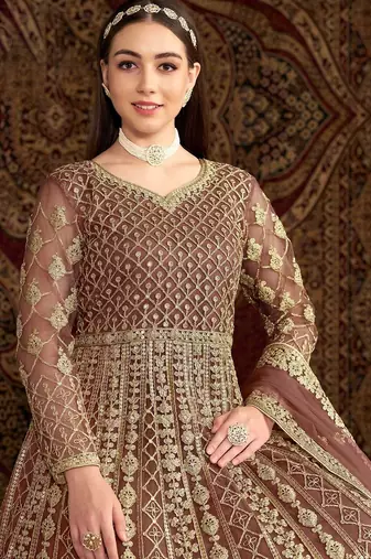 Rose gold net embroidery & sequins semi stitched suit size up to 42