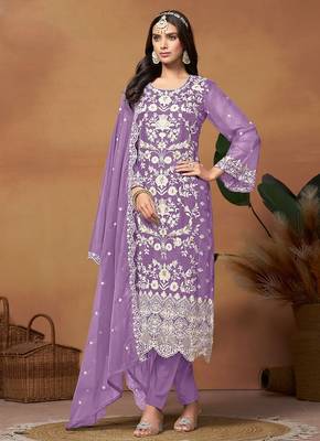 Lavender organza embroidery & sequins semi stitched suit size up to 42 1