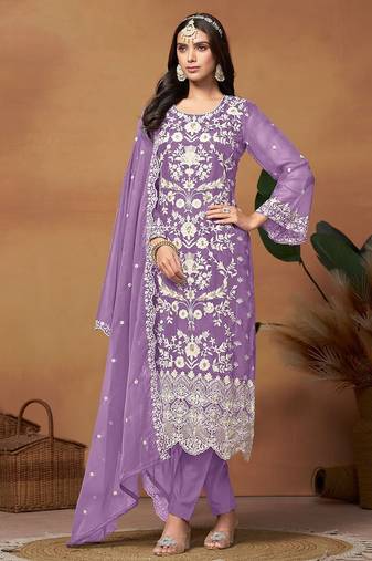 Lavender organza embroidery & sequins semi stitched suit size up to 42