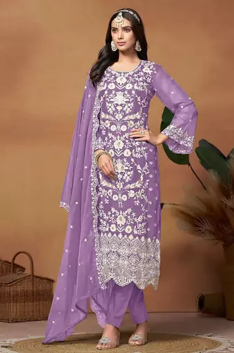 Lavender organza embroidery & sequins semi stitched suit size up to 42