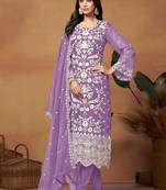 Lavender organza embroidery & sequins semi stitched suit size up to 42