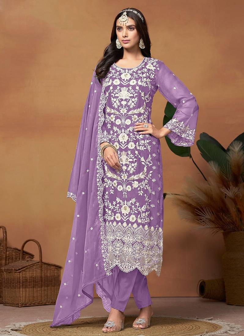 Lavender organza embroidery & sequins semi stitched suit size up to 42