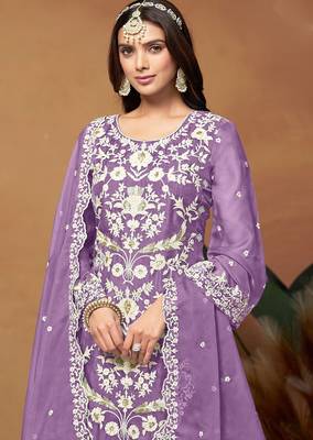 Lavender organza embroidery & sequins semi stitched suit size up to 42 2