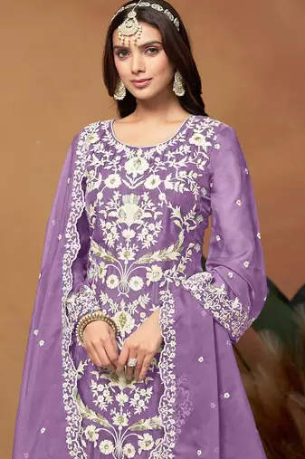 Lavender organza embroidery & sequins semi stitched suit size up to 42