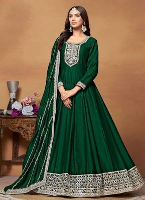 Green art silk embroidery & sequins semi stitched suit size up to 42 1