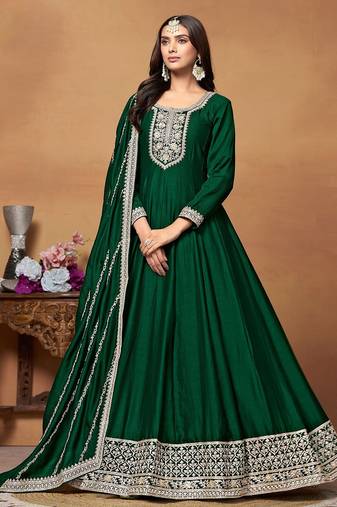 Green art silk embroidery & sequins semi stitched suit size up to 42