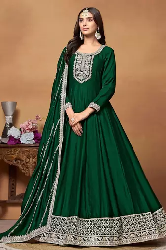 Green art silk embroidery & sequins semi stitched suit size up to 42
