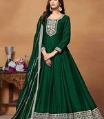 Green art silk embroidery & sequins semi stitched suit size up to 42