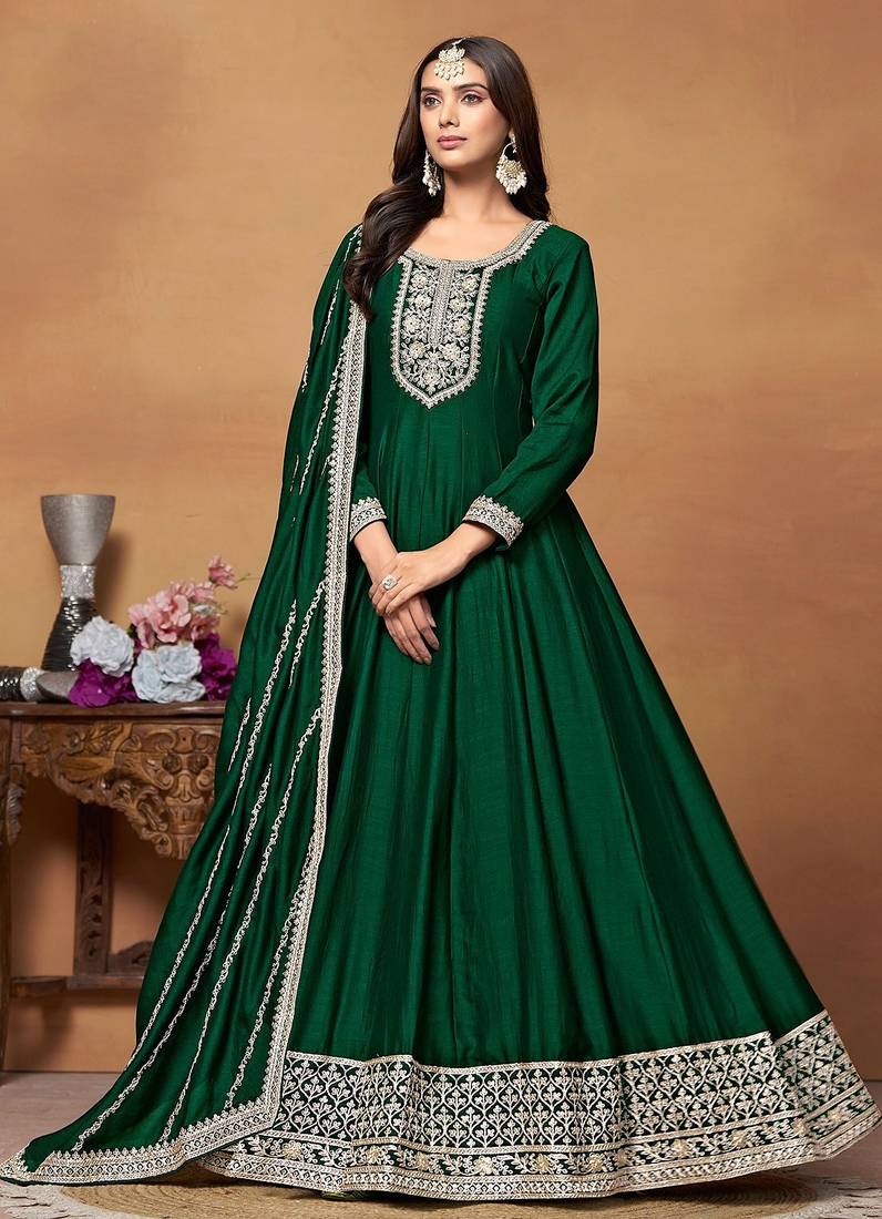 Green art silk embroidery & sequins semi stitched suit size up to 42