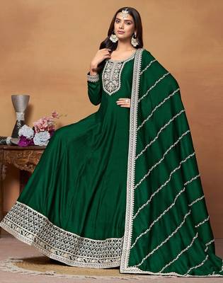 Green art silk embroidery & sequins semi stitched suit size up to 42 2