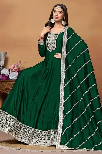 Green art silk embroidery & sequins semi stitched suit size up to 42