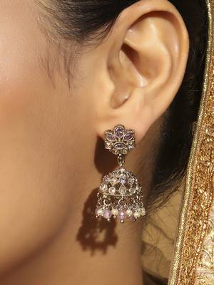 brown alloy jhumki earrings with flower kundan work 4