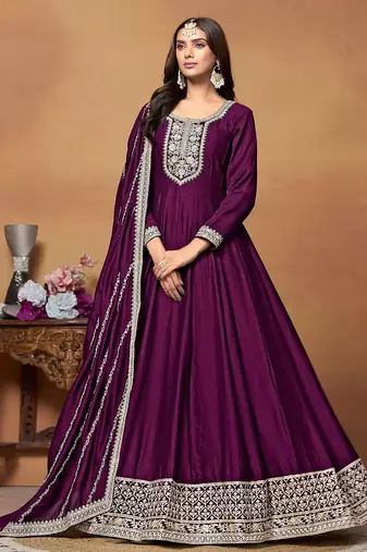 Purple art silk embroidery & sequins semi stitched suit size up to 42