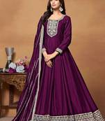 Purple art silk embroidery & sequins semi stitched suit size up to 42
