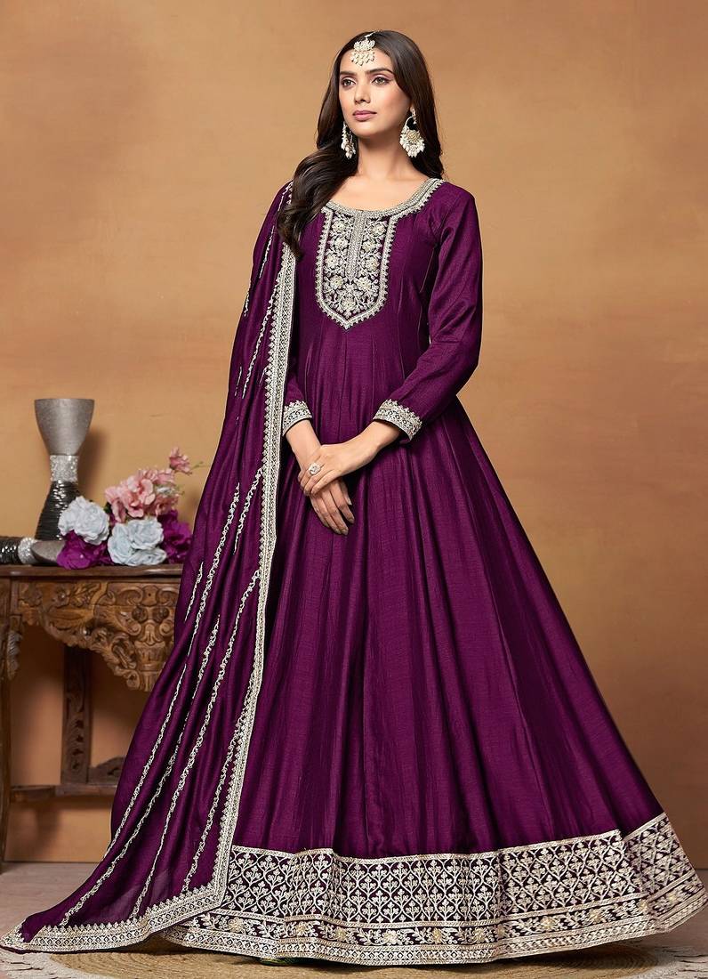 Purple art silk embroidery & sequins semi stitched suit size up to 42