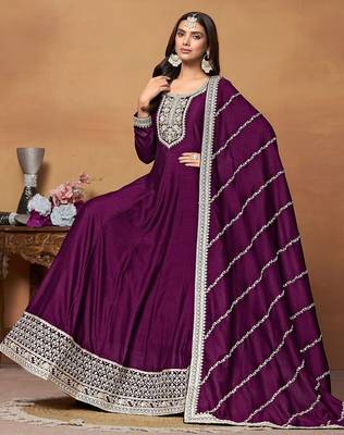 Purple art silk embroidery & sequins semi stitched suit size up to 42 2