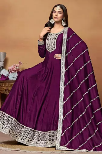 Purple art silk embroidery & sequins semi stitched suit size up to 42